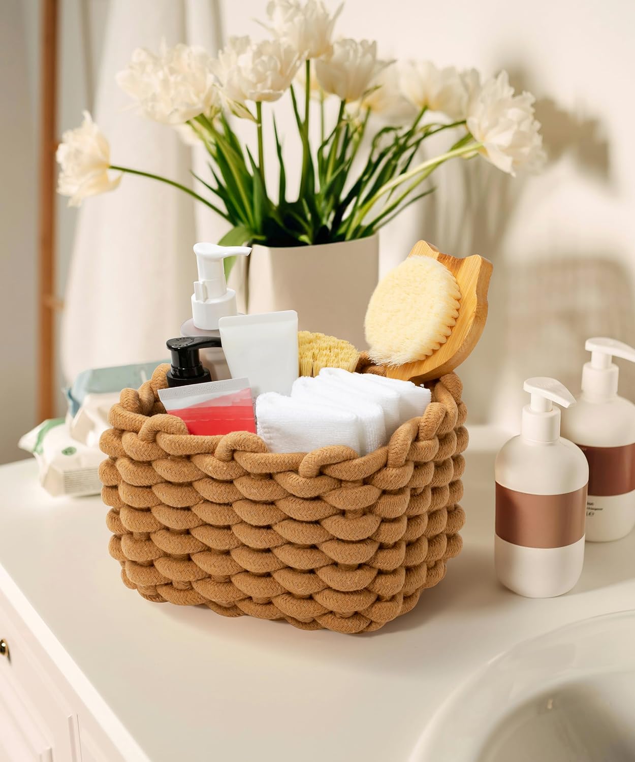 Woven Decorative Storage Bins for Shele / White & Khaki / Set of 2