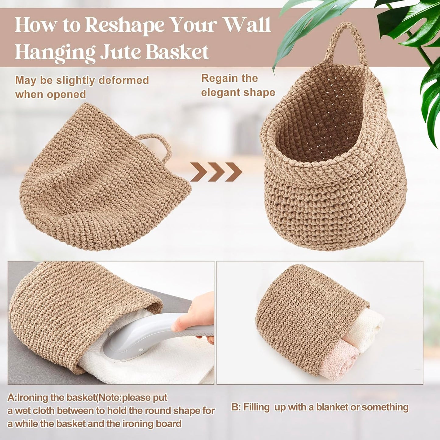 Boho Decor Hanging Wall Baskets / Linen / Cotton Rope / Barrel / Set of 3