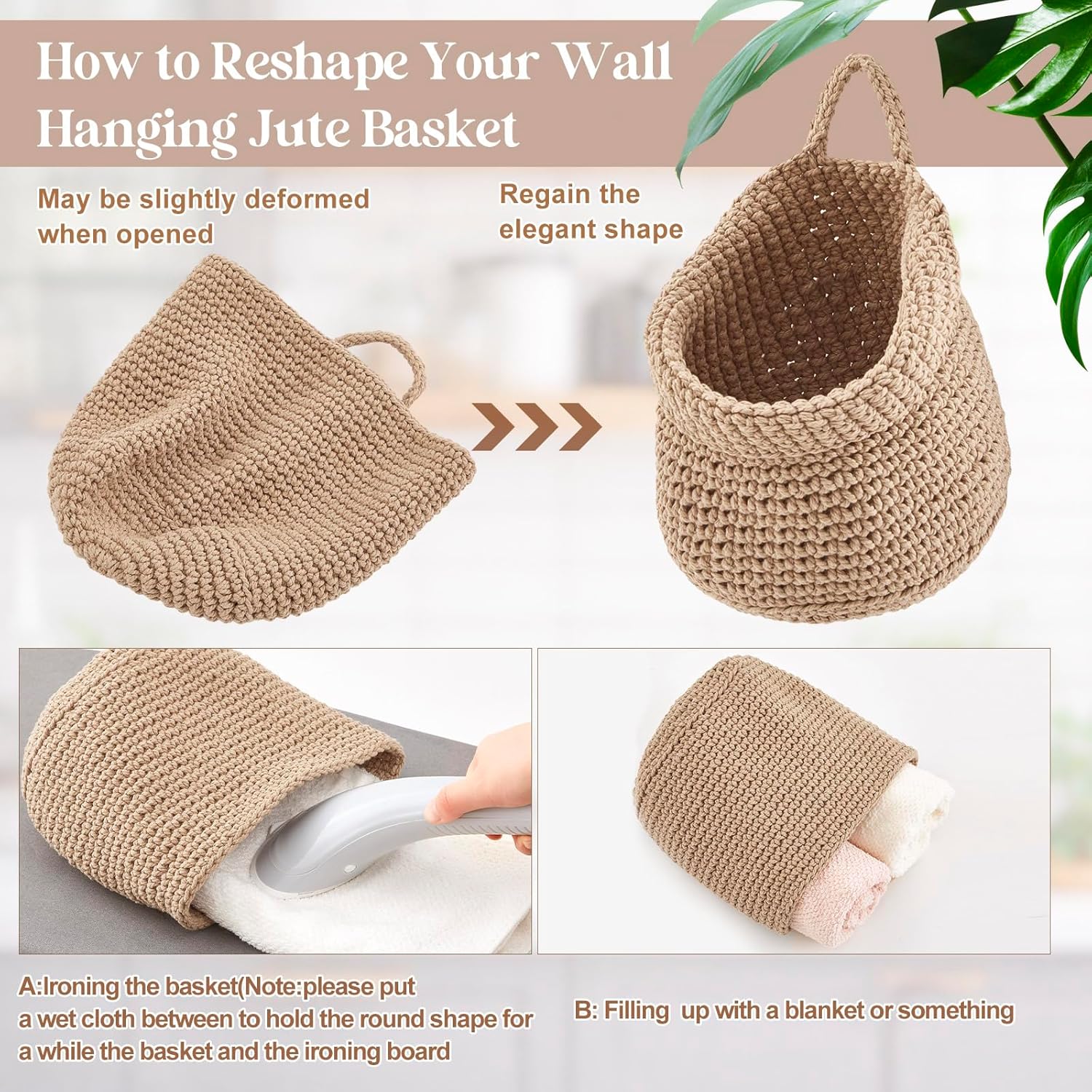Boho Decor Hanging Wall Baskets / Linen / Cotton Rope / Barrel / Set of 3
