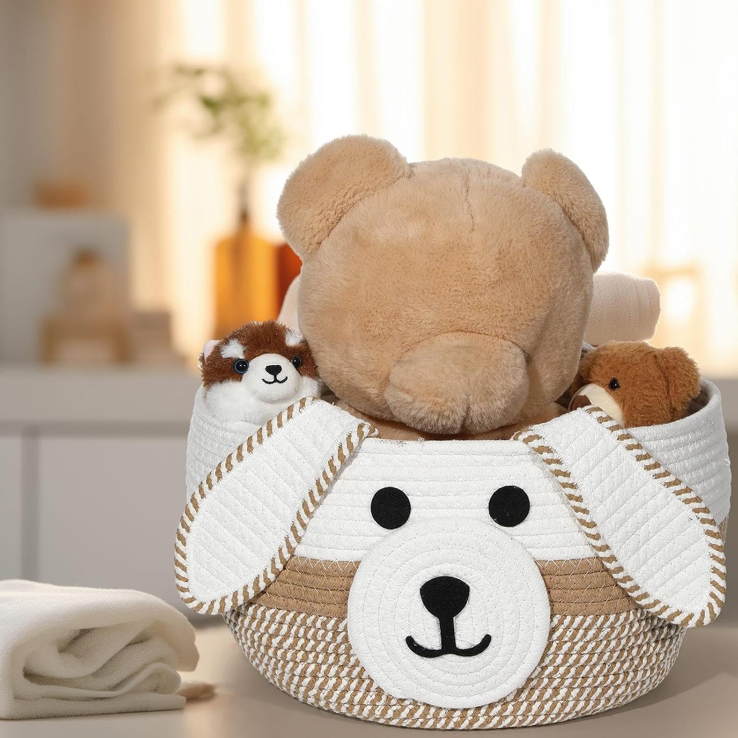 Dog Woven Basket Woven Cotton Rope Puppy Animal Storage Basket for Laundry / Khaki, White / 13 x 8