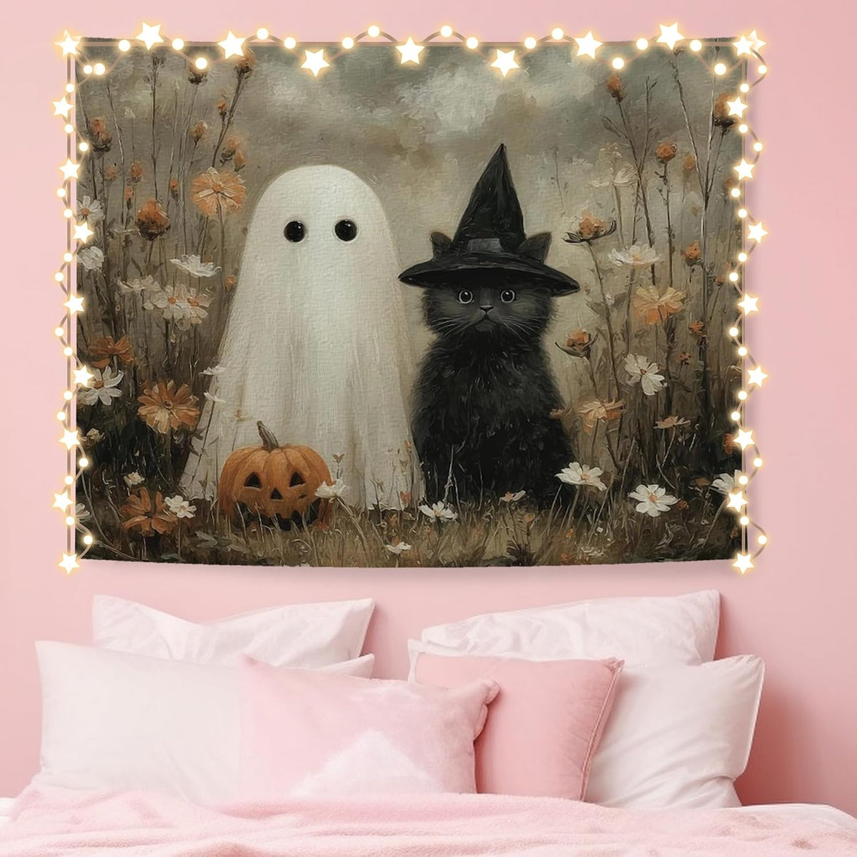 WHCHJ Halloween Ghost and Black Cat Tapestry, Gothic Witchy Cat Tapestry Wall Hanging, Whimsical Wildflower Spooky Tapestries Wall Blanket Decor for Party Home Bedroom Living Room Dorm, 50x60 Inch