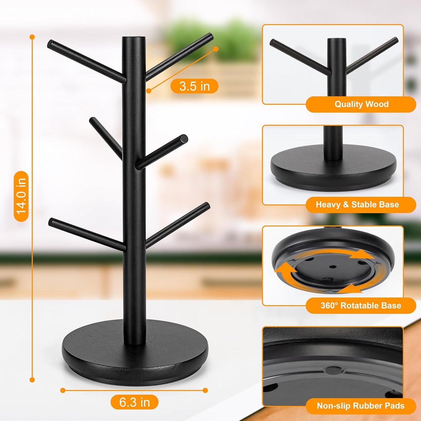 MyLifeUNIT Mug Holder Tree, 360° Rotated Coffee Cup Holder with 6 Hooks, Wooden Coffee Mug Holder Organizer for Counter
