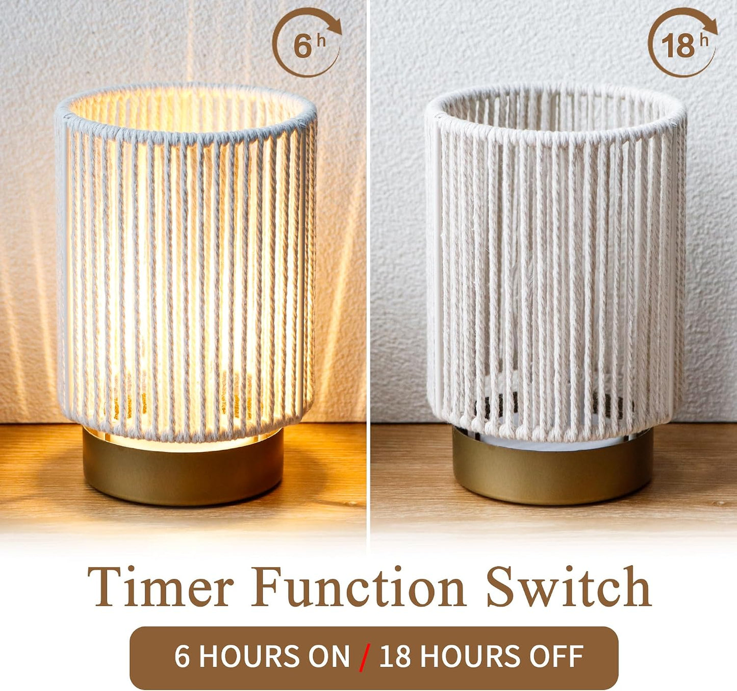 JHY DESIGN Set of 2 Braided Cotton Rope Table Lamp 6.5" Tall Battery Operated Lamp with 6 Hours Timer Beside Lamps