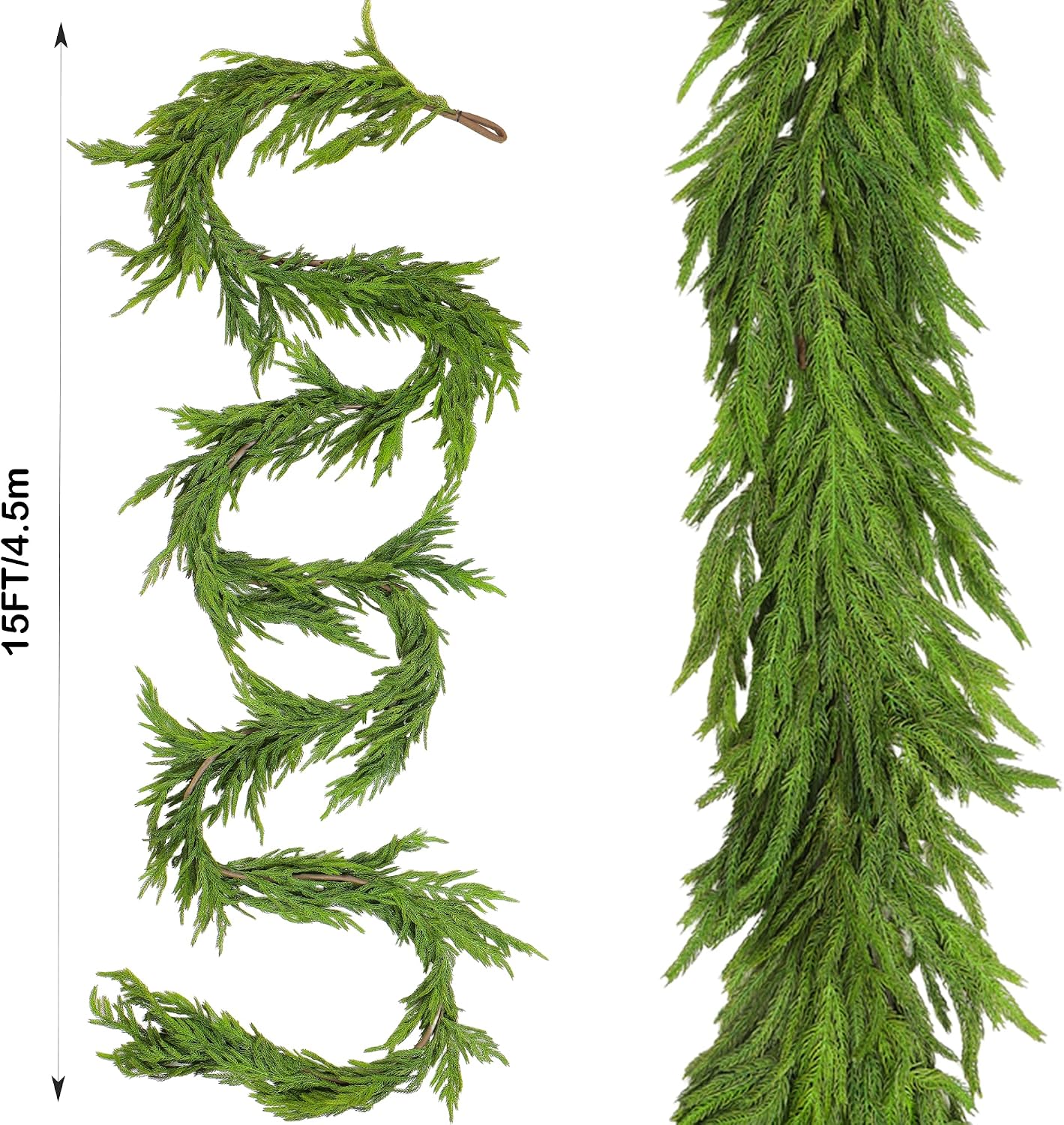 15FT Christmas Garland Real Touch Norfolk Pine Garland Winter Pine Garland for Mantle Stairs Railing Table Fireplace