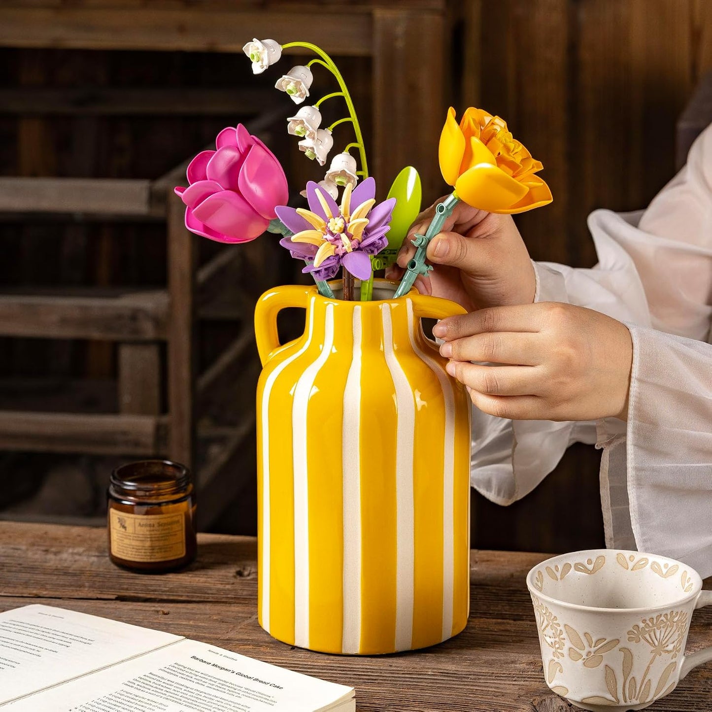 Yellow Ceramic Vase / Yellow and White