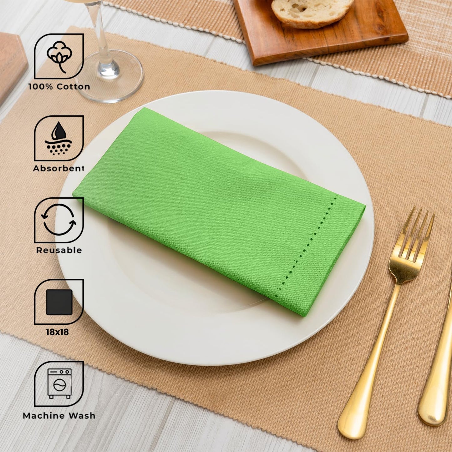 Blue Needles Set of 12 Hemstitch Linen Napkins 100% Cotton Apple Green Cloth Dinner Napkins 18x18 inches - Spring