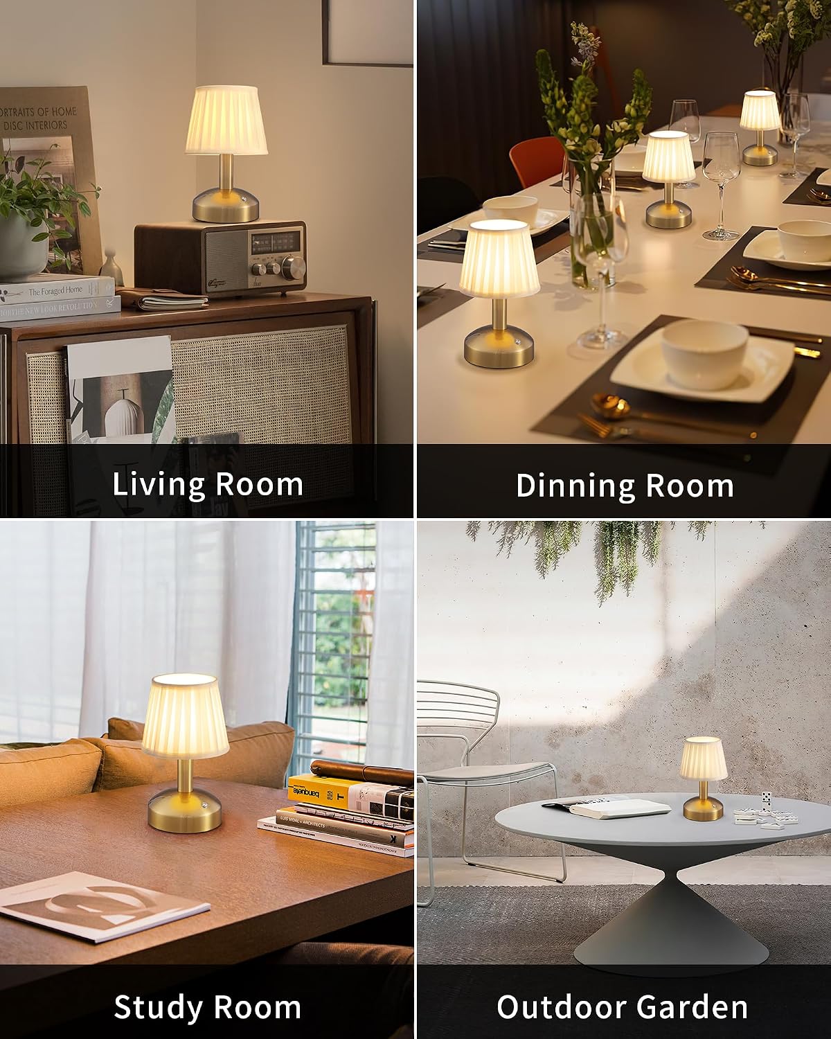KDG Gold Cordless Small Table Lamp, Portable LED Fabric Shade Desk Lamp | Modern 4000mAh Rechargeable Battery Operated