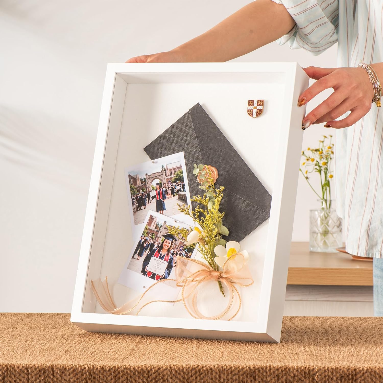 12x16 Large Shadow Box Frame with Thickened Acrylic Panel & Pins | With Push Pins, Deep 1.7" White Shadow Box Display