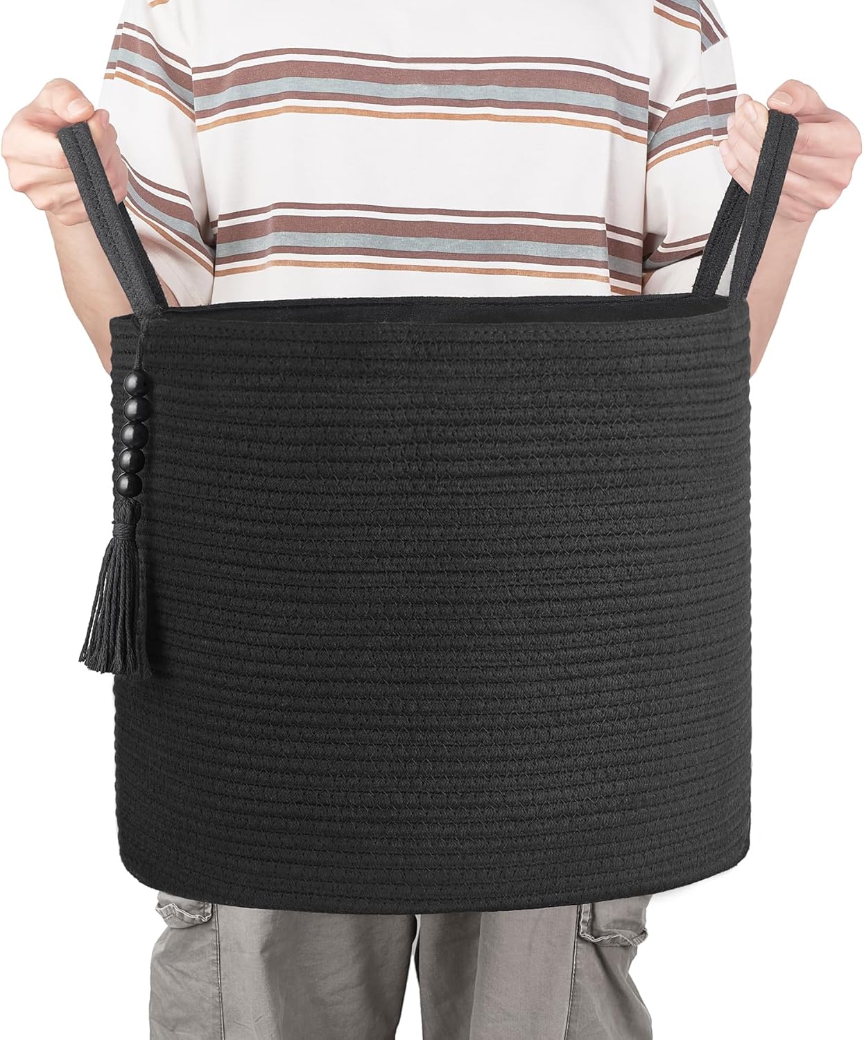 Woven Storage Basket Decorative Natural Rope Basket Wooden Bead Decoration / Black / 16" W x 13.8"L