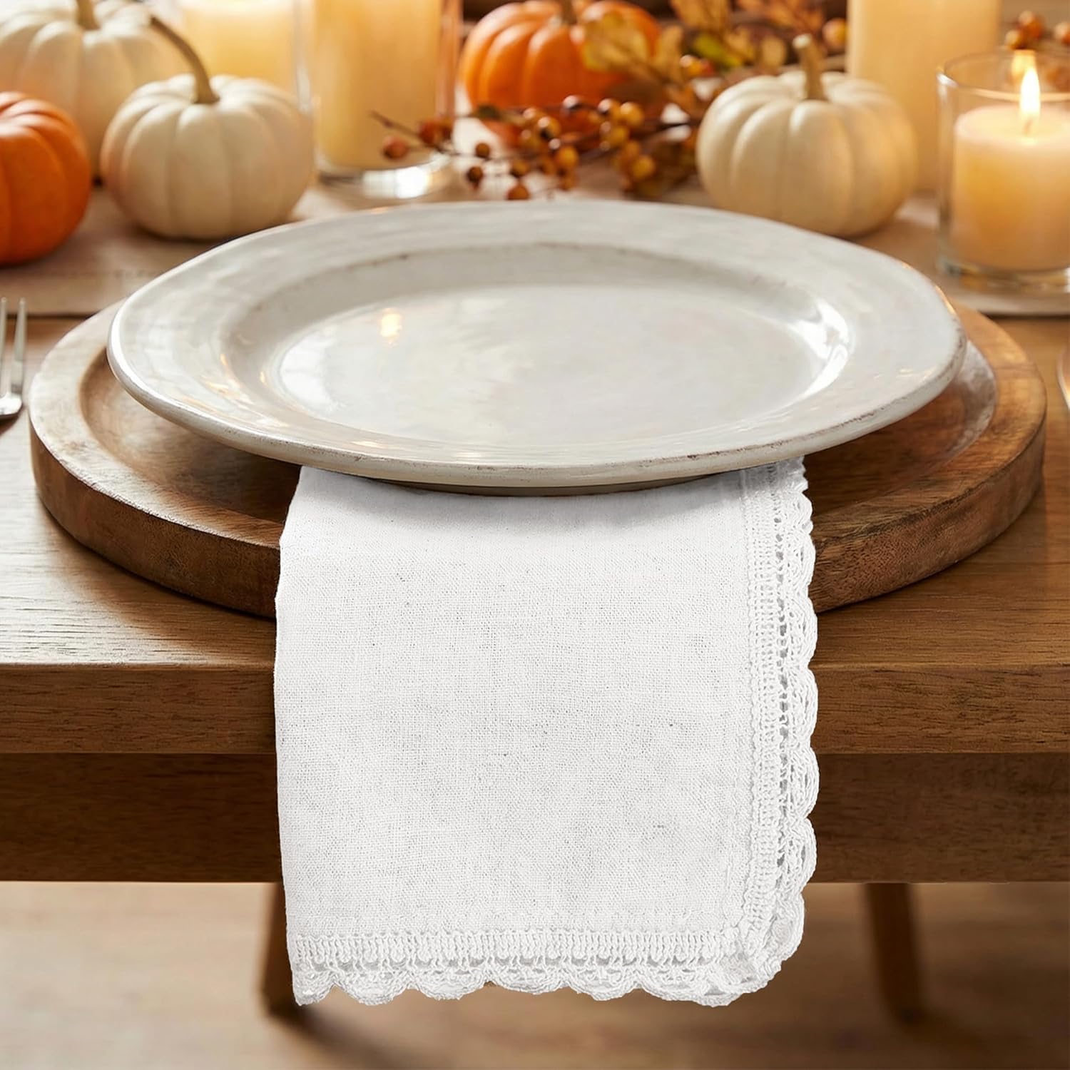 Set of 12 Flax Lace Cloth Napkins 20x20 Inch - White | Premium Linen Cotton Reusable Dinner Napkin for Wedding
