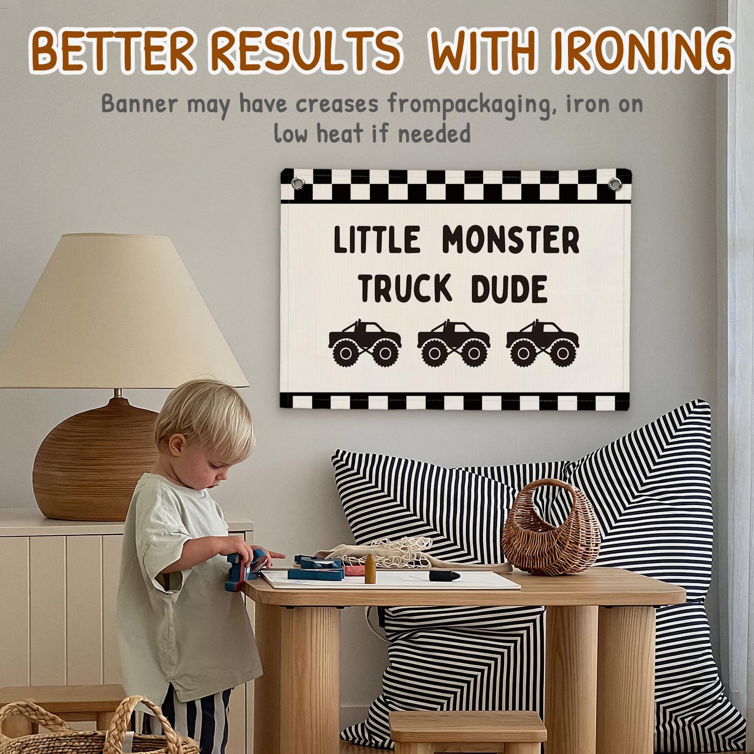 Car Themed Room Decor Canvas Banner Wall Decor / Little Monster Truck Dude / Black