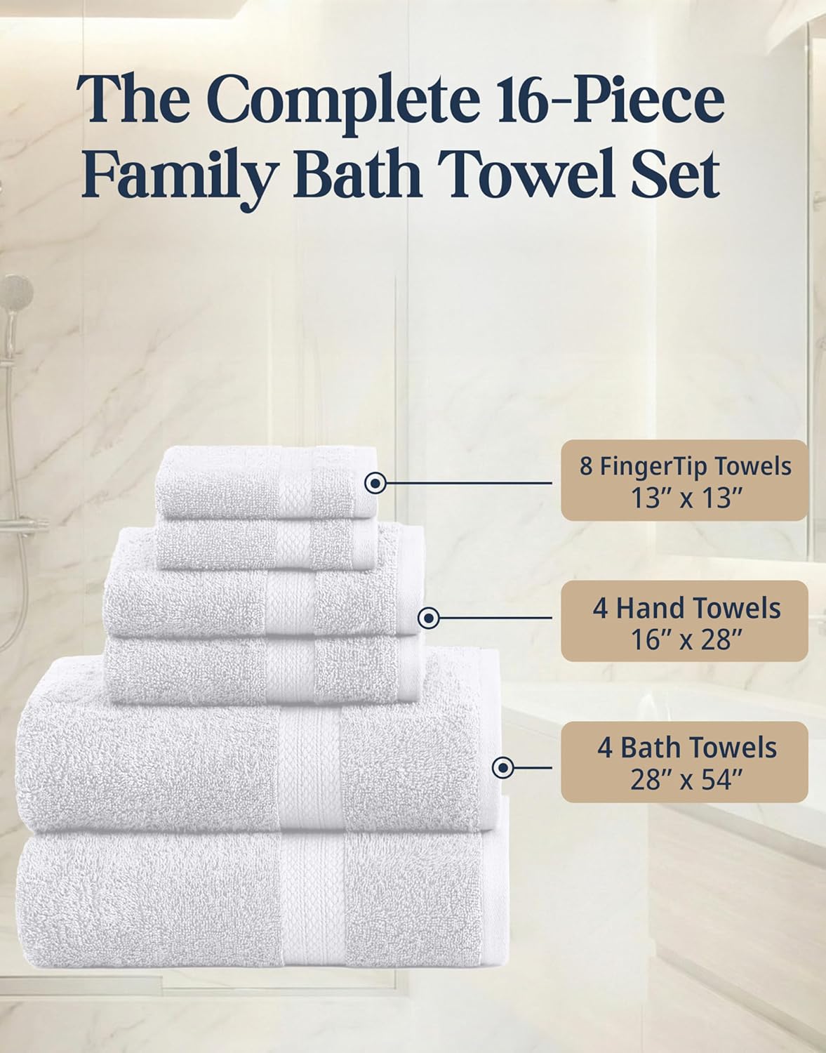 LANE LINEN Bath Towel Set 100% Cotton 16 Piece Soft Absorbent - White | Shower Towels - Generously Sized, Oversized &