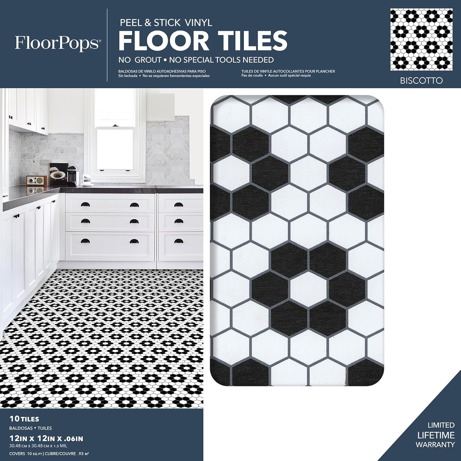 Biscotto Peel & Stick Floor Tiles / 12"L x 12"W x 0.06"T / Black