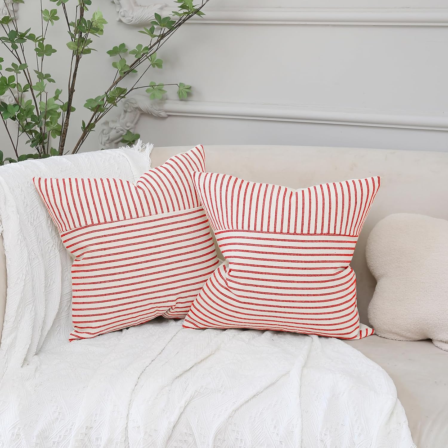 Striped Linen Decorative Pillows Cushion Covers / Red / 18 x 18 / Set of 2