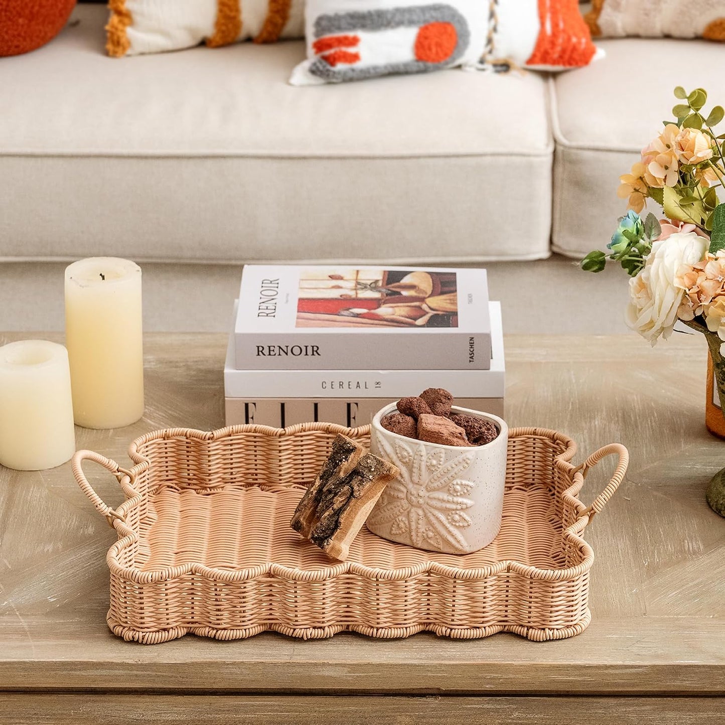 Scalloped Edge Rectangle Wicker Serving Tray / Nude Color
