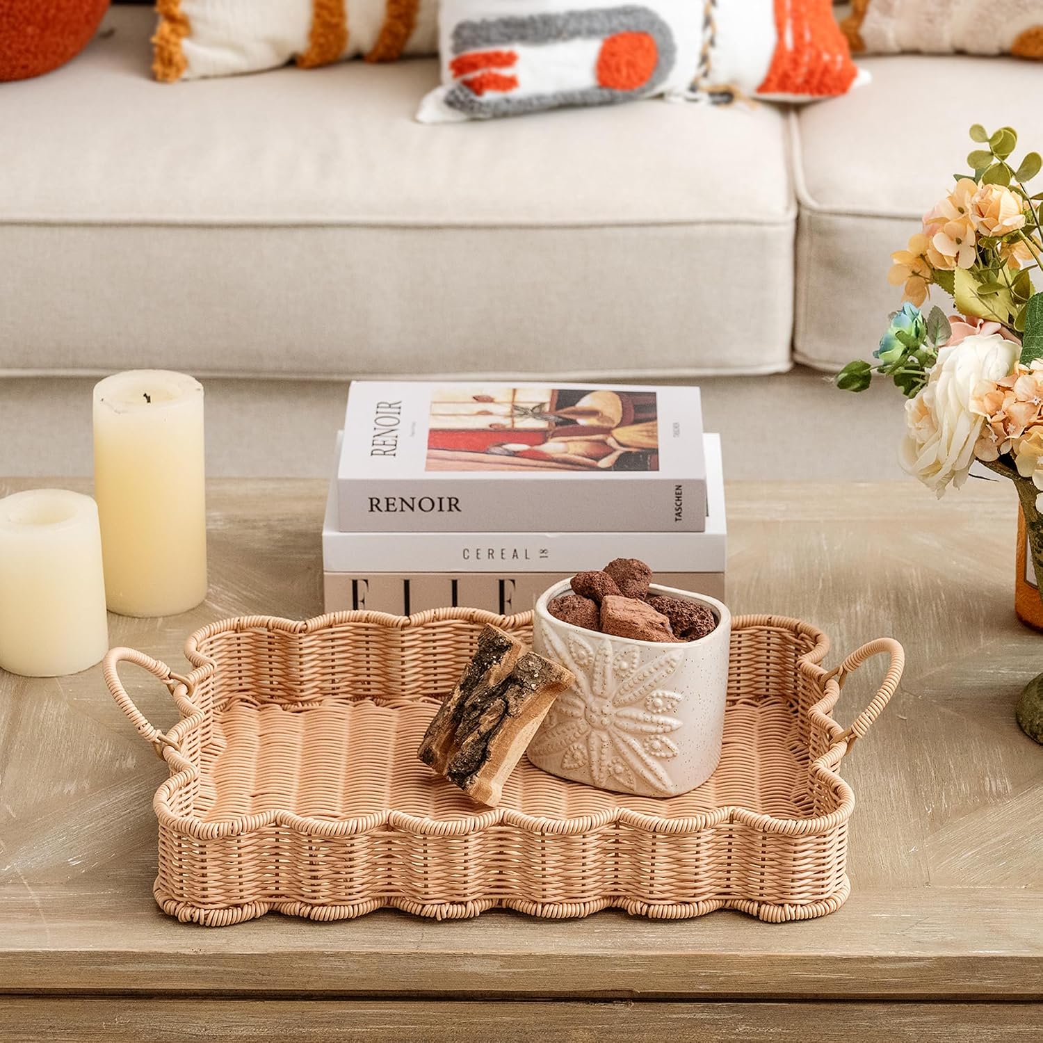 Scalloped Edge Rectangle Wicker Serving Tray / Nude Color