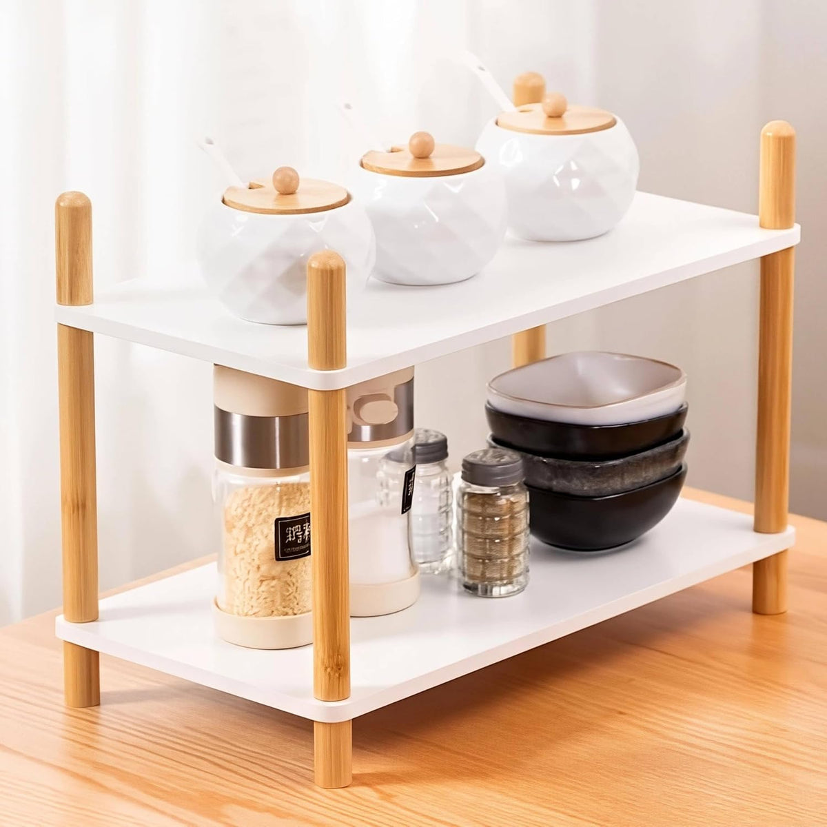 2-Tier Bamboo Coffee Bar Organizer,Coffee Bar Accessories, Mul-tifunctional Wooden Beaded Coffee Station Countertop