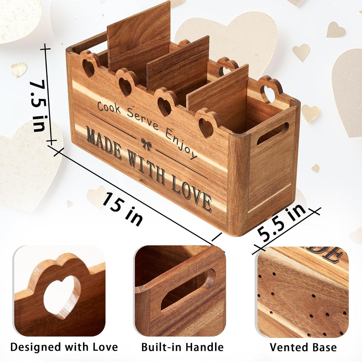 Kitchen Utensil Holder, Large Acacia Wood Organizer for Countertop | Extra Large Farmhouse Style with 4 Compartments