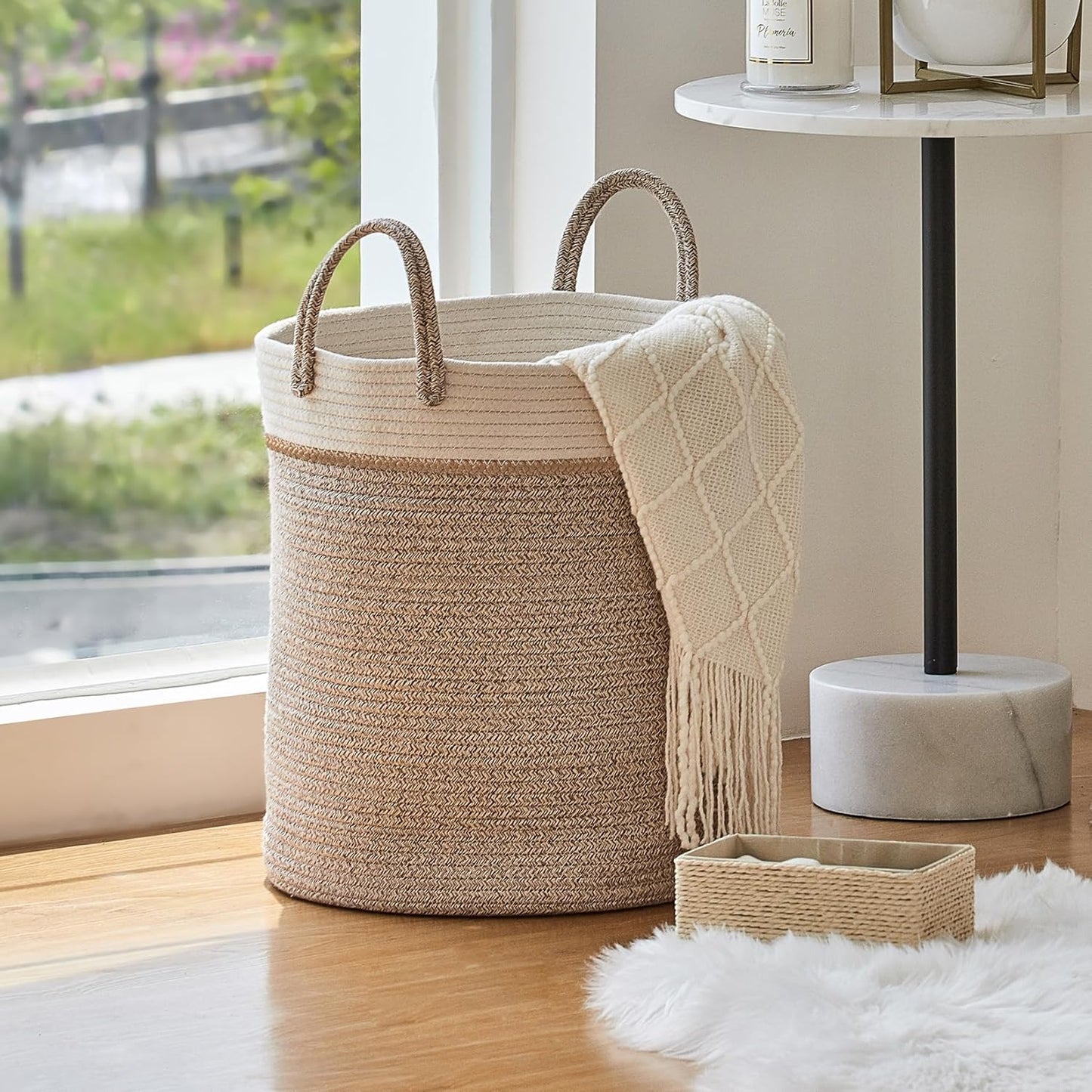 Woven Basket Rope Storage Baskets / White & Desert / M / 16 x 14 x 14