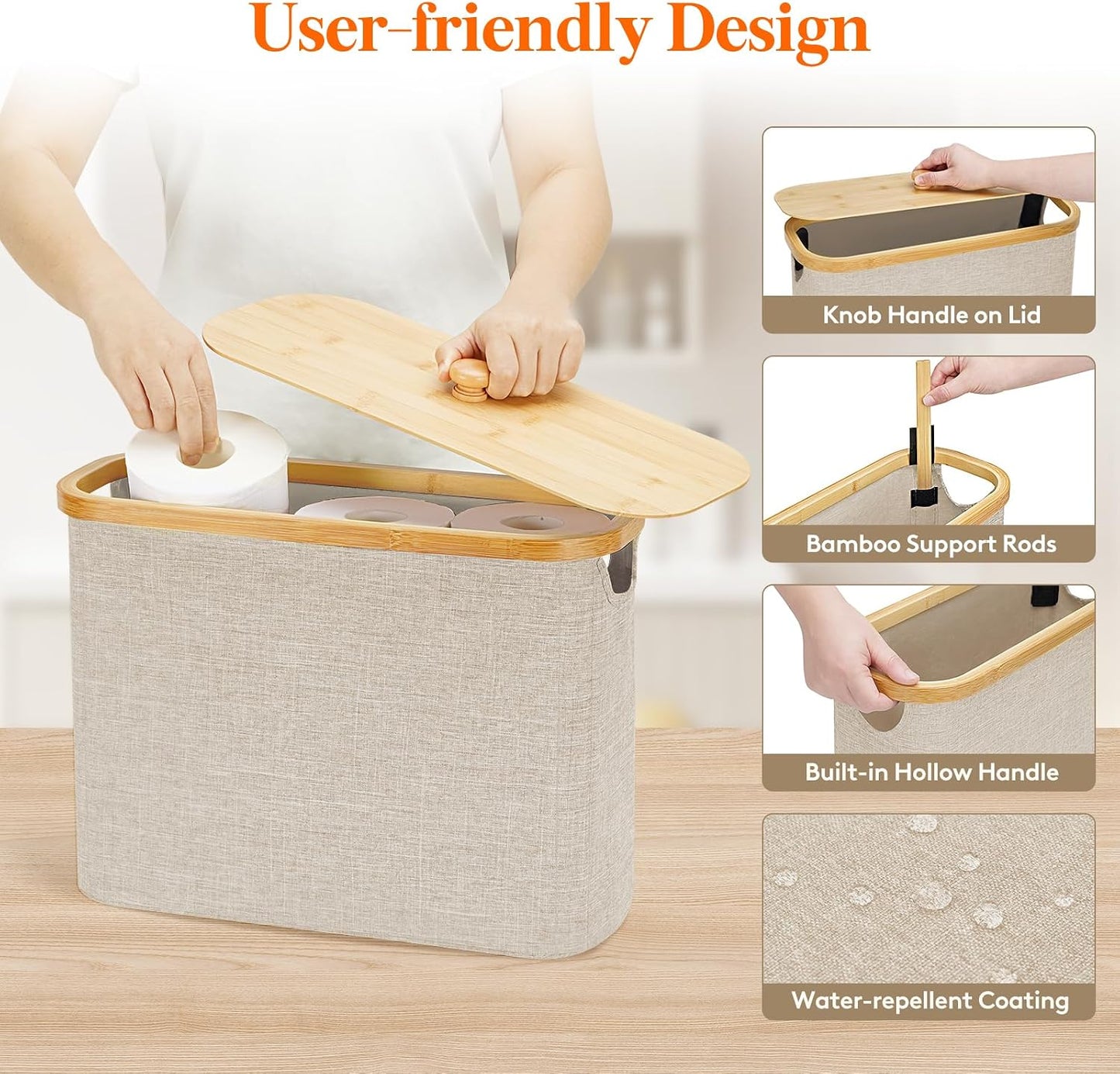 Lifewit Toilet Paper Storage Holder, Large Stand Basket, 23L, Beige | 9 to 12 Rolls, Large Paper Stand with Bamboo Lid