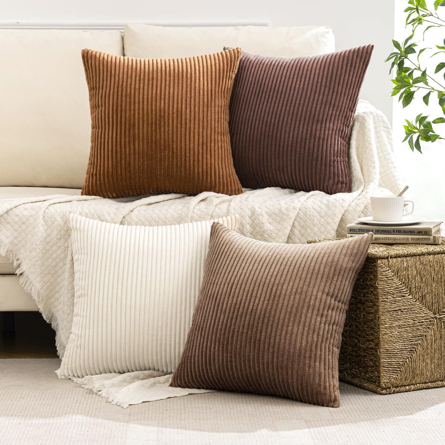 Boho Farmhouse Throw Pillow Covers Rustic Mordern Neutral Cushion / 18 x 18 / Brown / Set of 4
