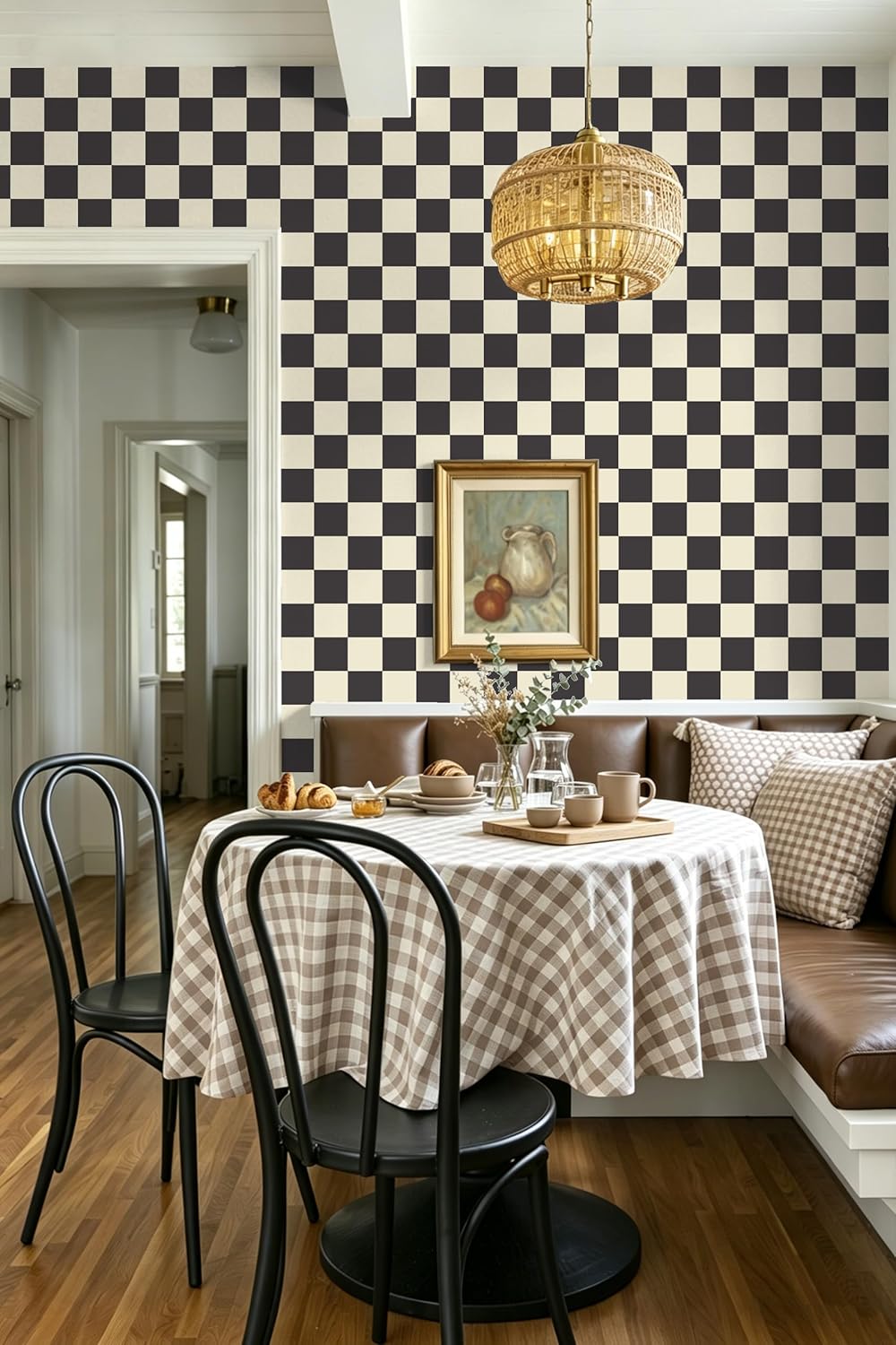 Checkered Wallpaper Black and White Cream Peel and Stick Wallpaper / 17.3 x 393.7 / Black and Cream