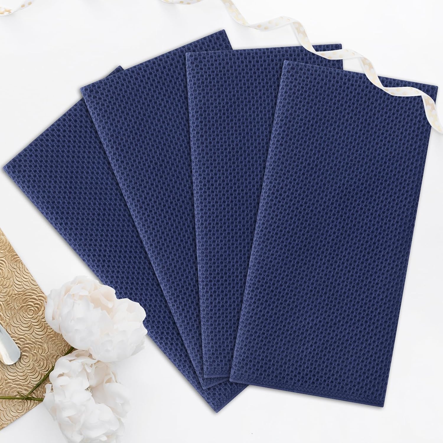 Kitinjoy 100% Cotton Waffle 4-Pack Kitchen Towels, 20" x 28", Navy Blue | Super Soft, Ultra-Absorbent, Fast Drying