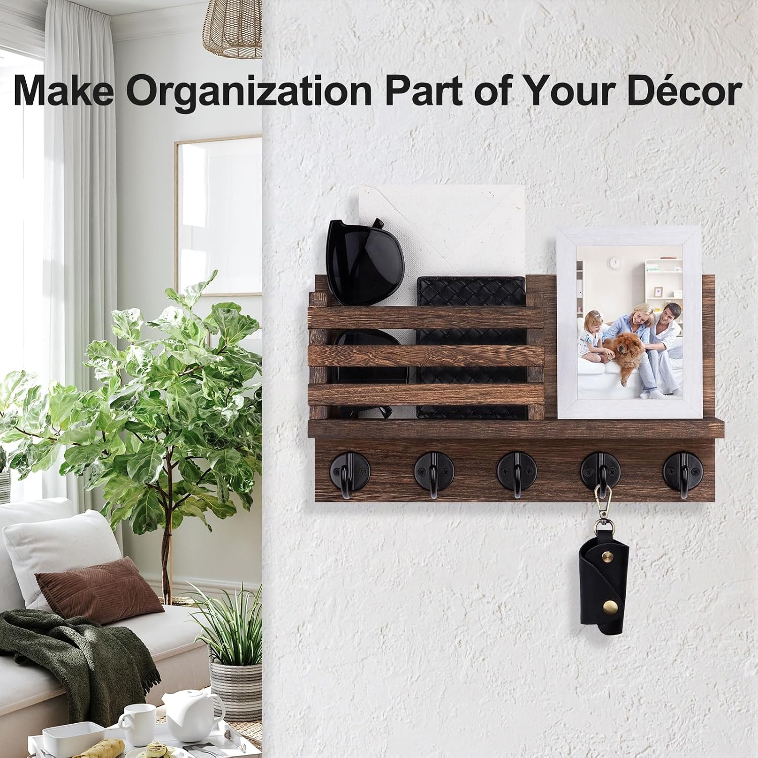 Decorative Wooden Mail Holder and Key Shelf / Brown / Large - 11.8inch