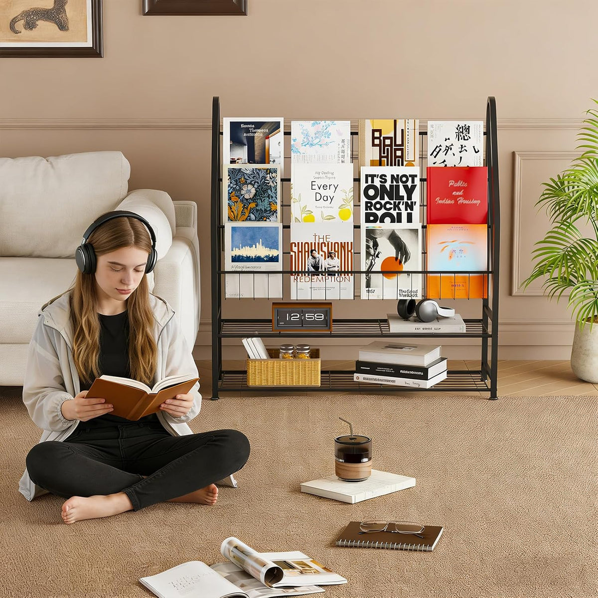 Arbuxzuy Magazine Rack Small Metal for Storage Freestanding 11.8" D x 32.3" W x 38.2" H, Sofa Height Book Shelf Short
