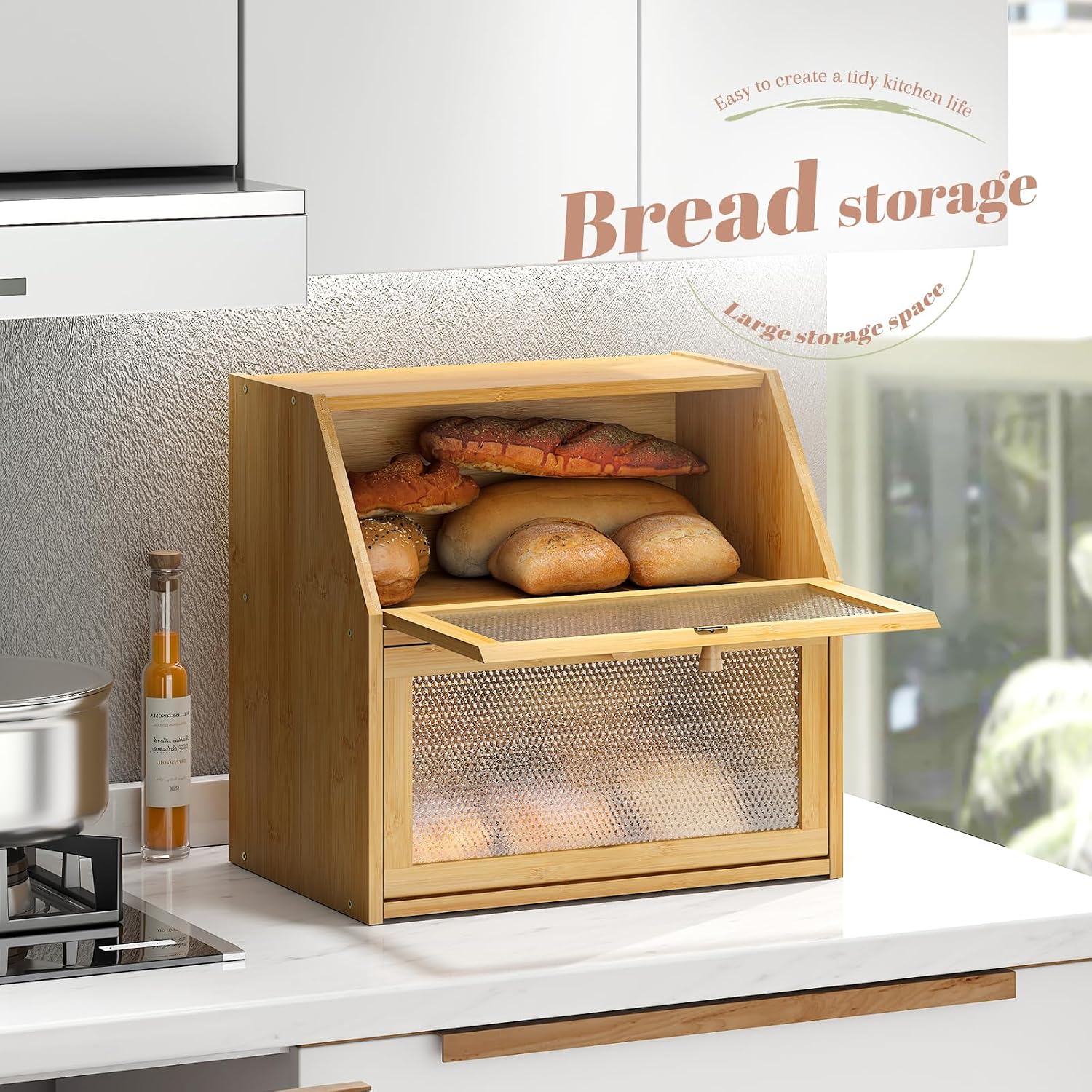 STDDRE Bread Box for Kitchen Countertop Bin Double Layer Bread Box Storage Container Extra Large Capacity with Diamond