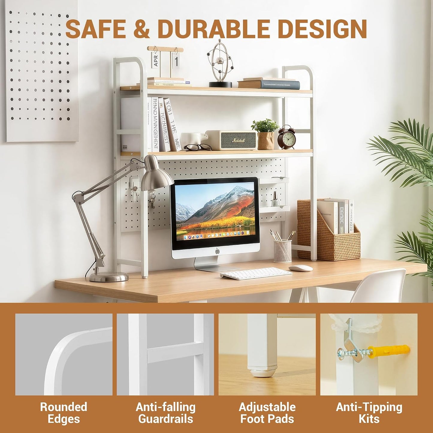 deli Desktop Shelf, Desk Hutch with Metal Pegboard, White | 2-Tier Desktop Display Rack With 4 Accessories
