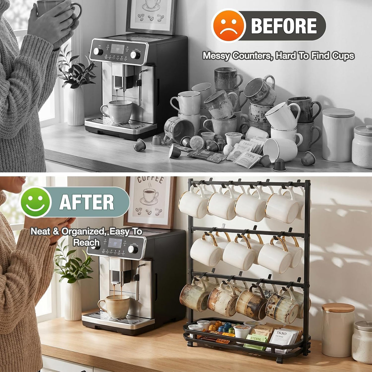 Coffee Mug Holder for Countertop, 22 Hooks Metal Coffee Cup Holder Rack | 3 Tier Mug Tree Holder Rack, Mug Tree Stand