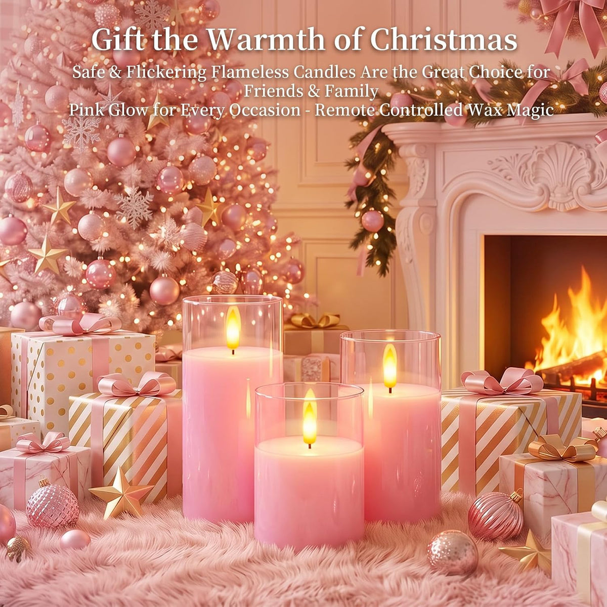 Amagic Pink Glass Flameless LED Candles Battery Operated with Remote Timer | Real Wax Pillar Electric Candle, 3D