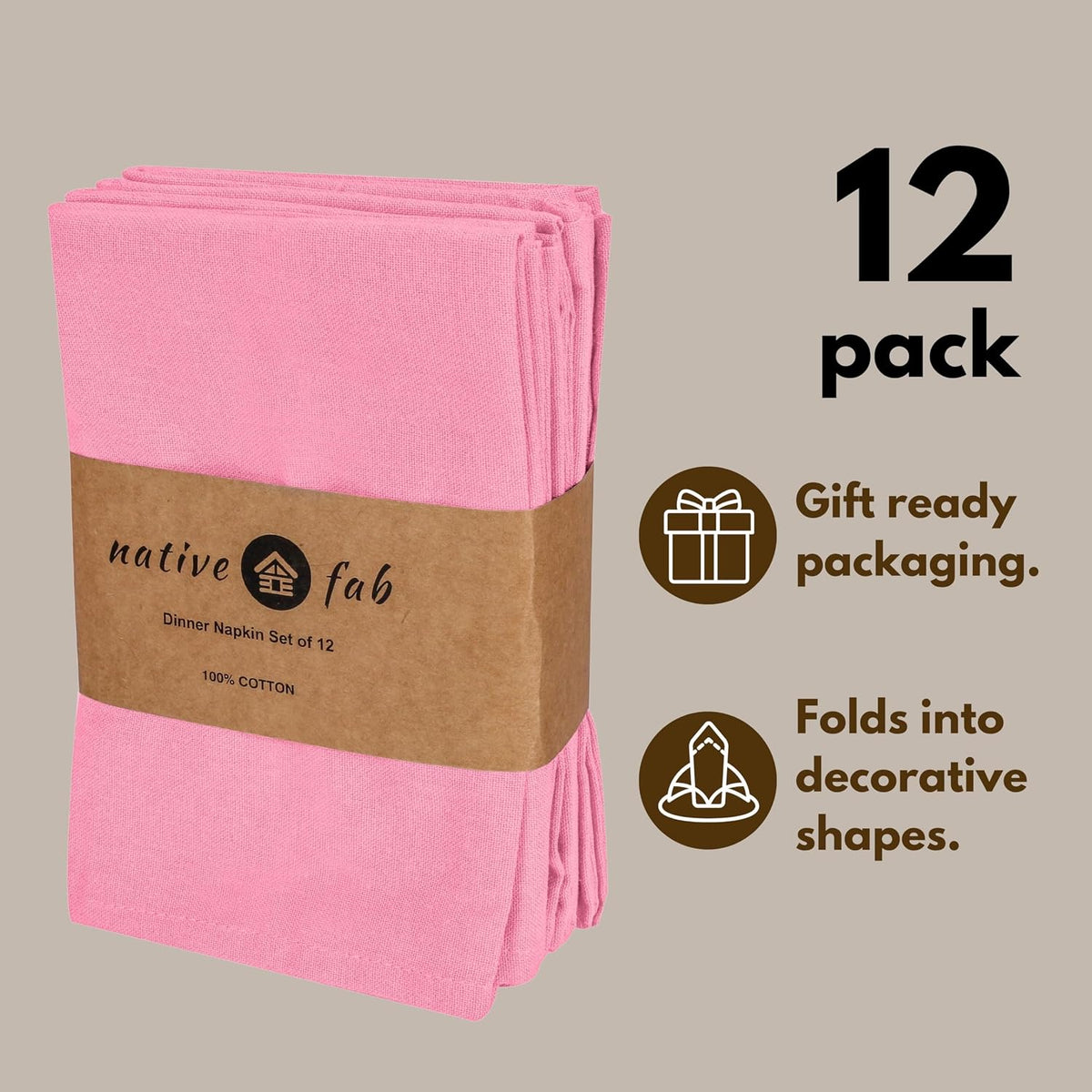 Native Fab Cloth Dinner Napkins, 12 Pack, 100% Cotton, 17x17 Inches, Soft, Absorbent, Premium Hotel Quality Table