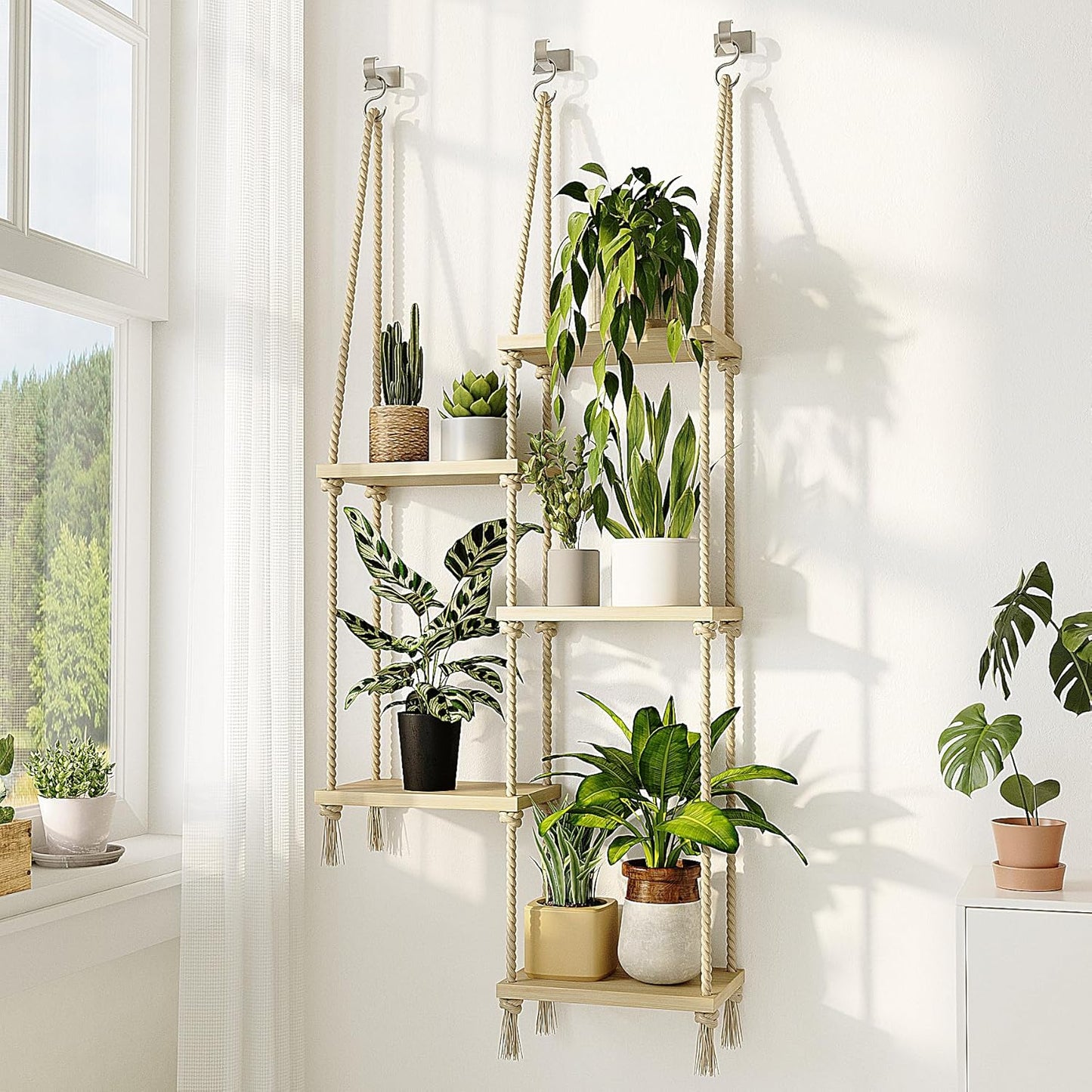 Hanging Shelves Plant Hanger Indoor Window Plant Shelves Wood Plant Wall Shelf Window Sill / 5tier