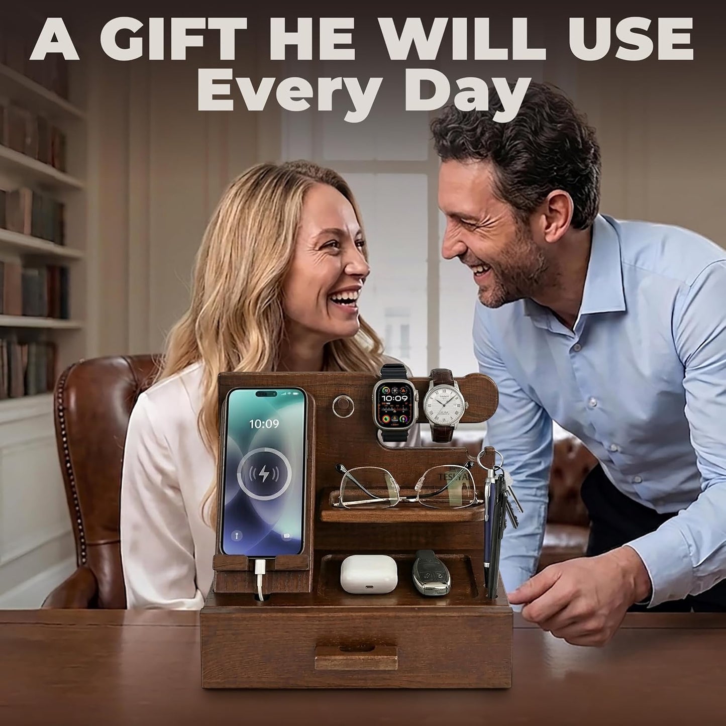 TESLYAR Wood Phone Docking Station with Drawer - Nightstand Organizer - Desk Organizer for Husband - Birthday Gifts for