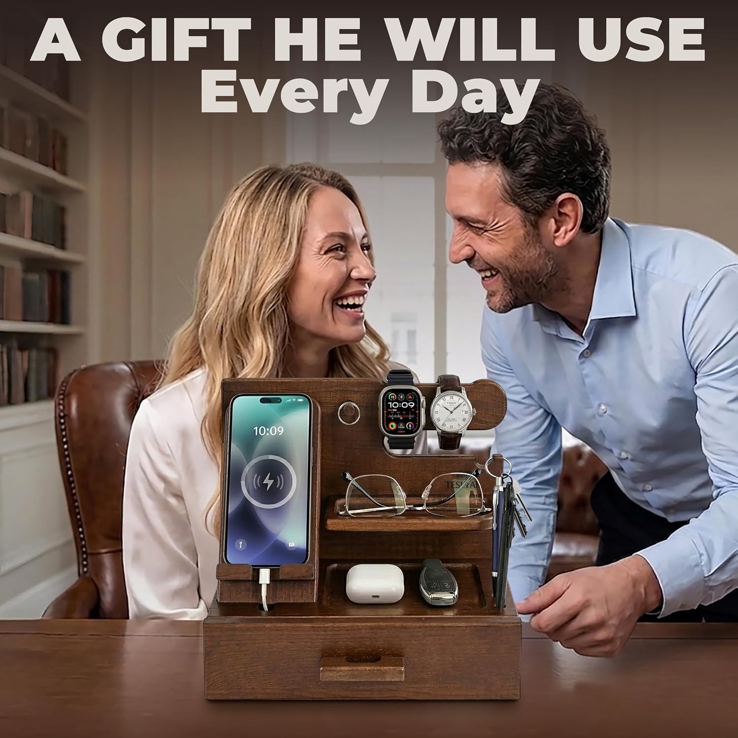 TESLYAR Wood Phone Docking Station with Drawer - Nightstand Organizer - Desk Organizer for Husband - Birthday Gifts for