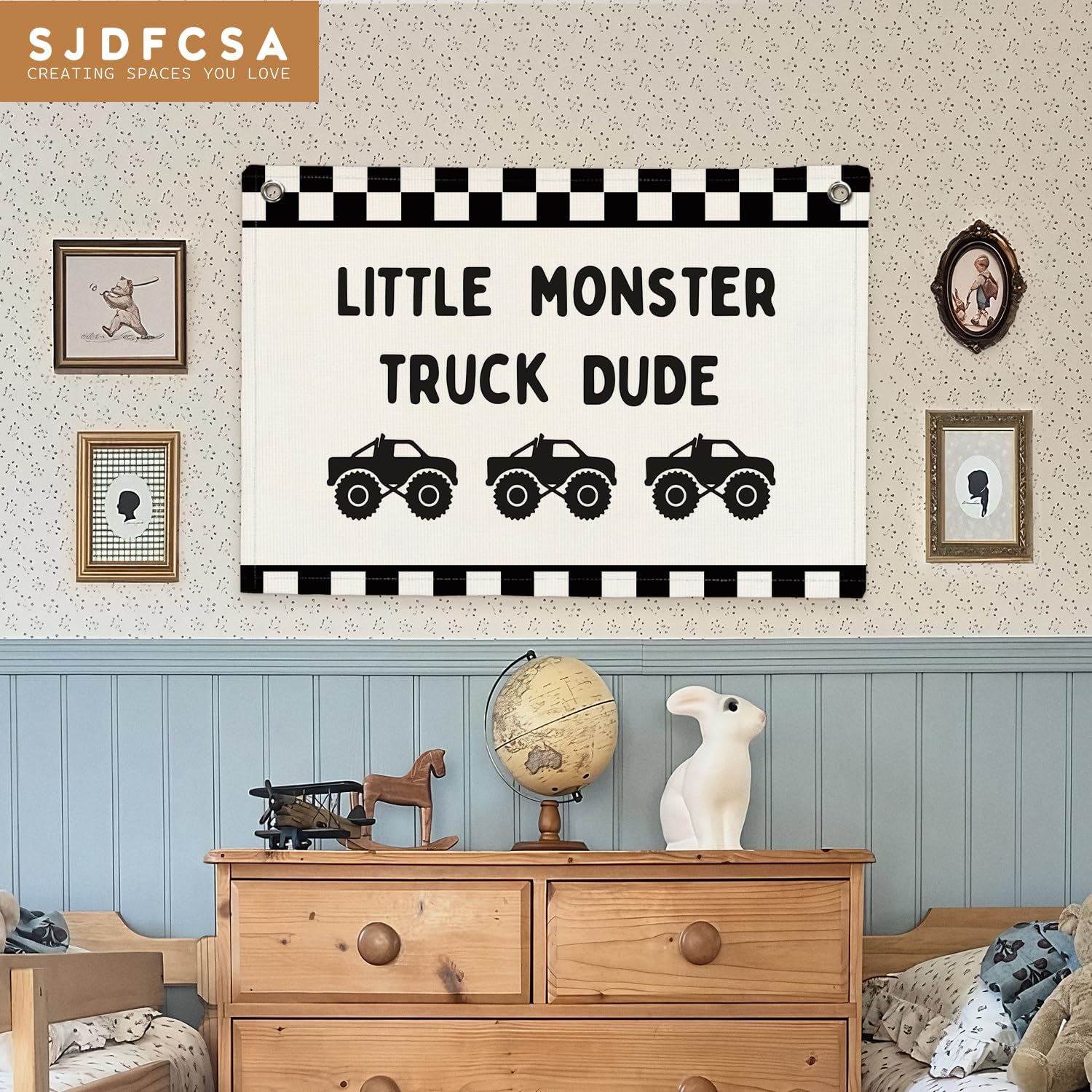 Car Themed Room Decor Canvas Banner Wall Decor / Little Monster Truck Dude / Black
