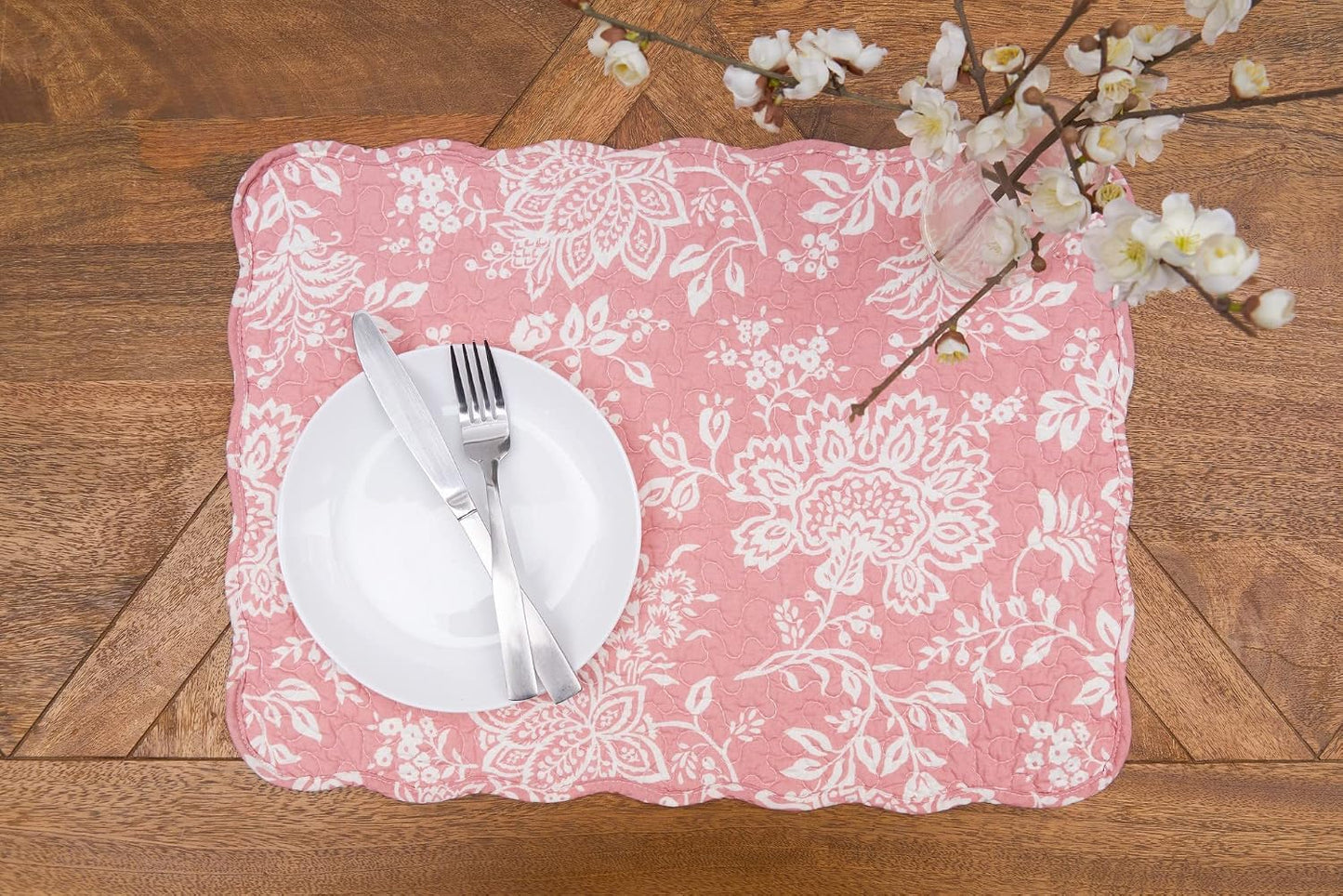 C&F Home Thea Pink Floral 100% Cotton Quilted Vintage Set of 6 Placemats, 13" x 19" All Seasons Spring Valentine's Day
