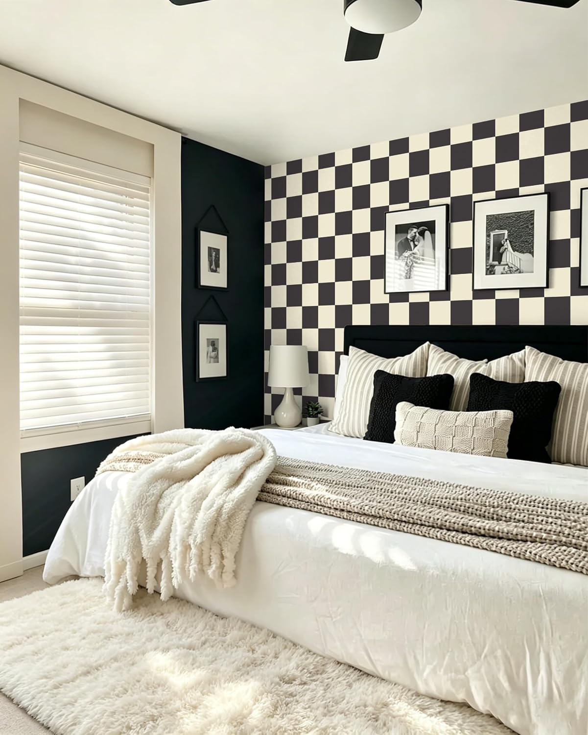 Checkered Wallpaper Black and White Cream Peel and Stick Wallpaper / 17.3 x 393.7 / Black and Cream