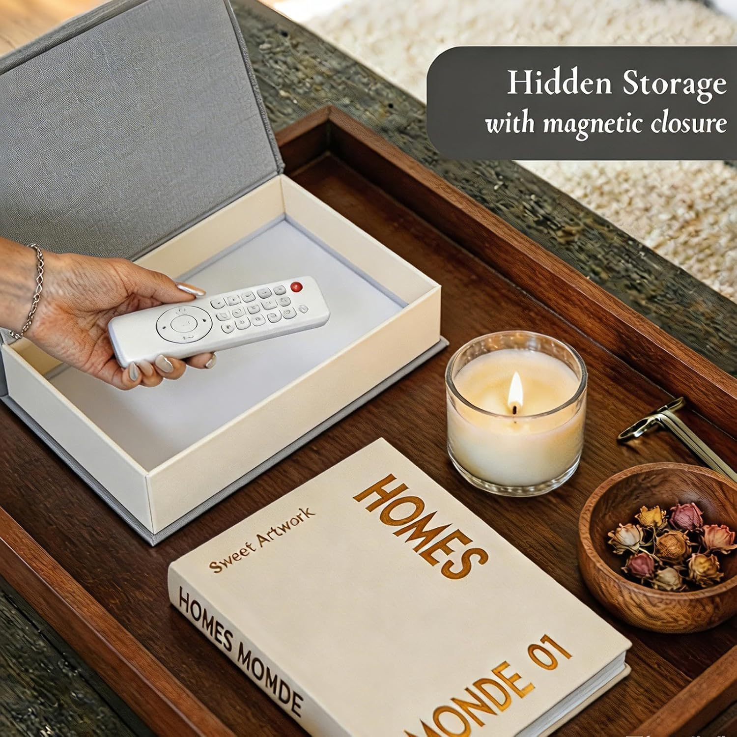 Linen Hollow Faux Book Storage Box Stackable Shelf Decor / 2 Boxes / Grey / Set of 2