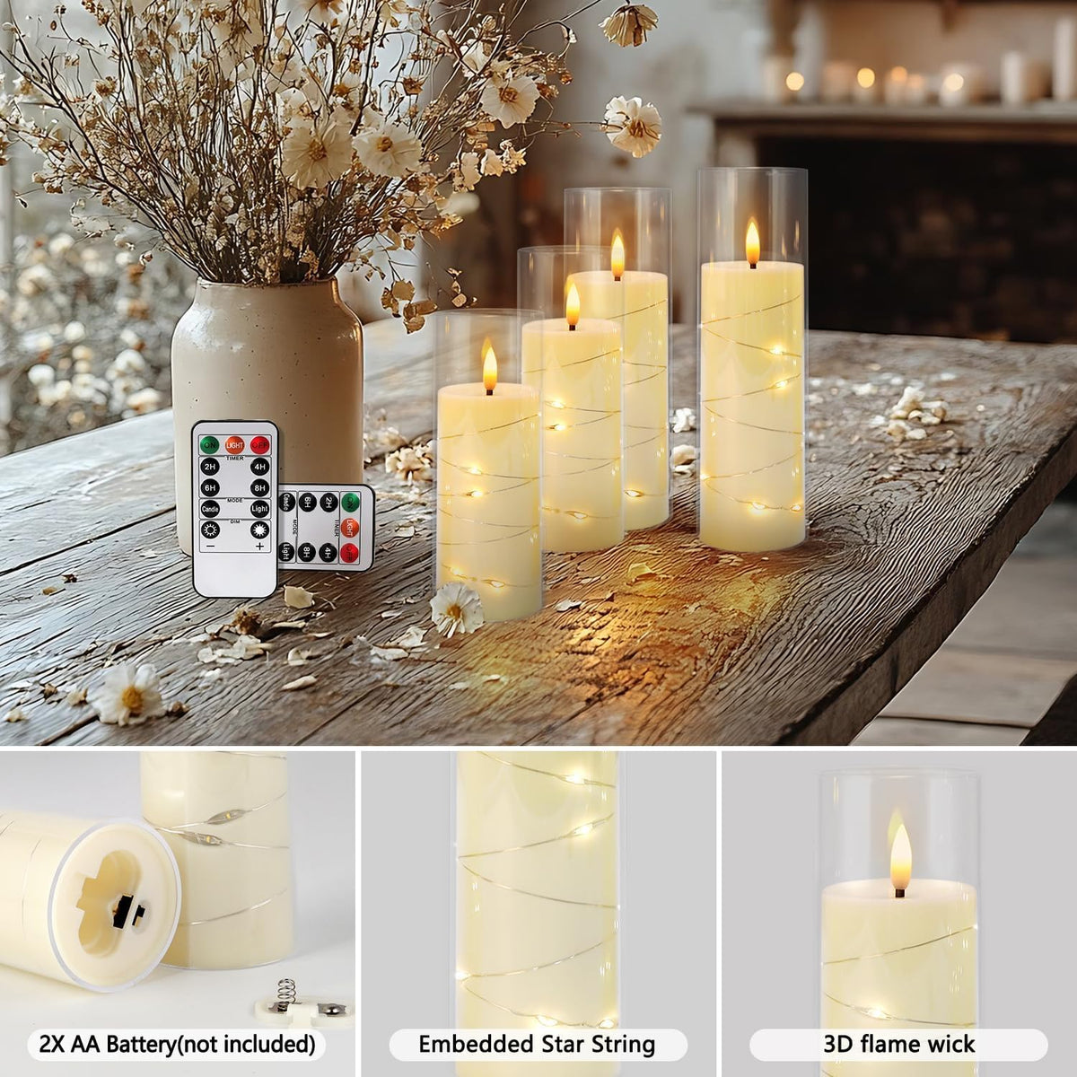 24 Pcs LED Flameless Candles with Remote, 3D Flickering Flame & LED String Lights, Acrylic Clear Cylinder, Timer