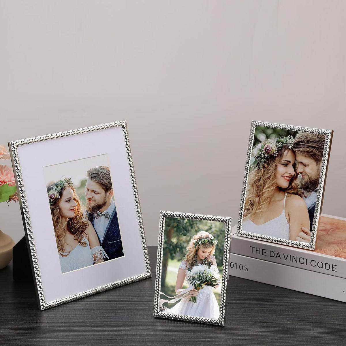 Silver 8x10'' Rope Design Metal Picture Frames 2 Pack with Acid Free Mat for 5x7'',Silver Photo Frame 7x5'',Hi Quality