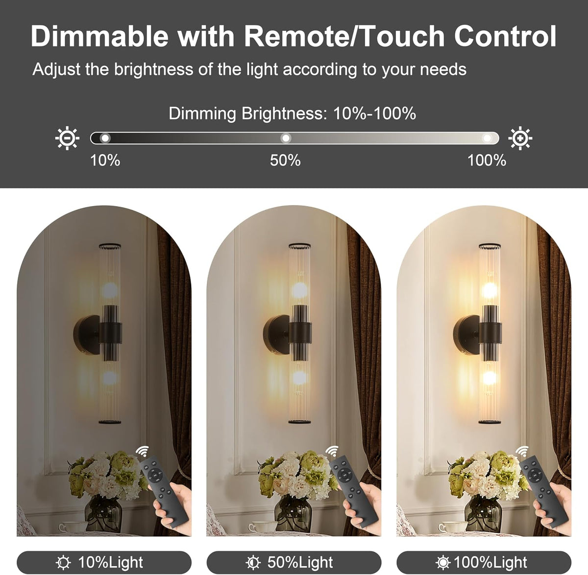 Morauroral Black Battery Operated Wall Sconces Set of 2 | Rechargeable Wall Lights with Remote, 20 Inch Modern Wireless