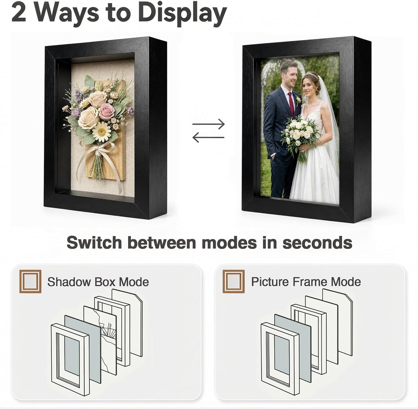 5x7 Shadow Box Picture Frame, 4-Pack Linen Back, Keepsake, Black | Wooden Display Cases, 2 Ways to Display, Crystal