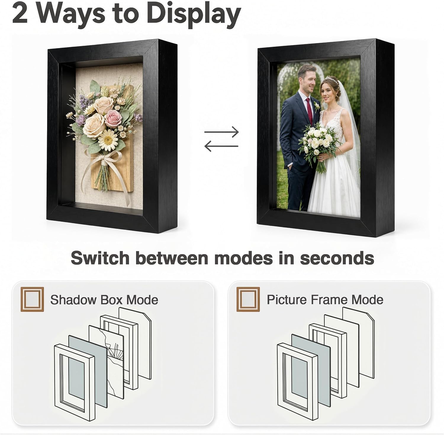 5x7 Shadow Box Picture Frame, 4-Pack Linen Back, Keepsake, Black | Wooden Display Cases, 2 Ways to Display, Crystal