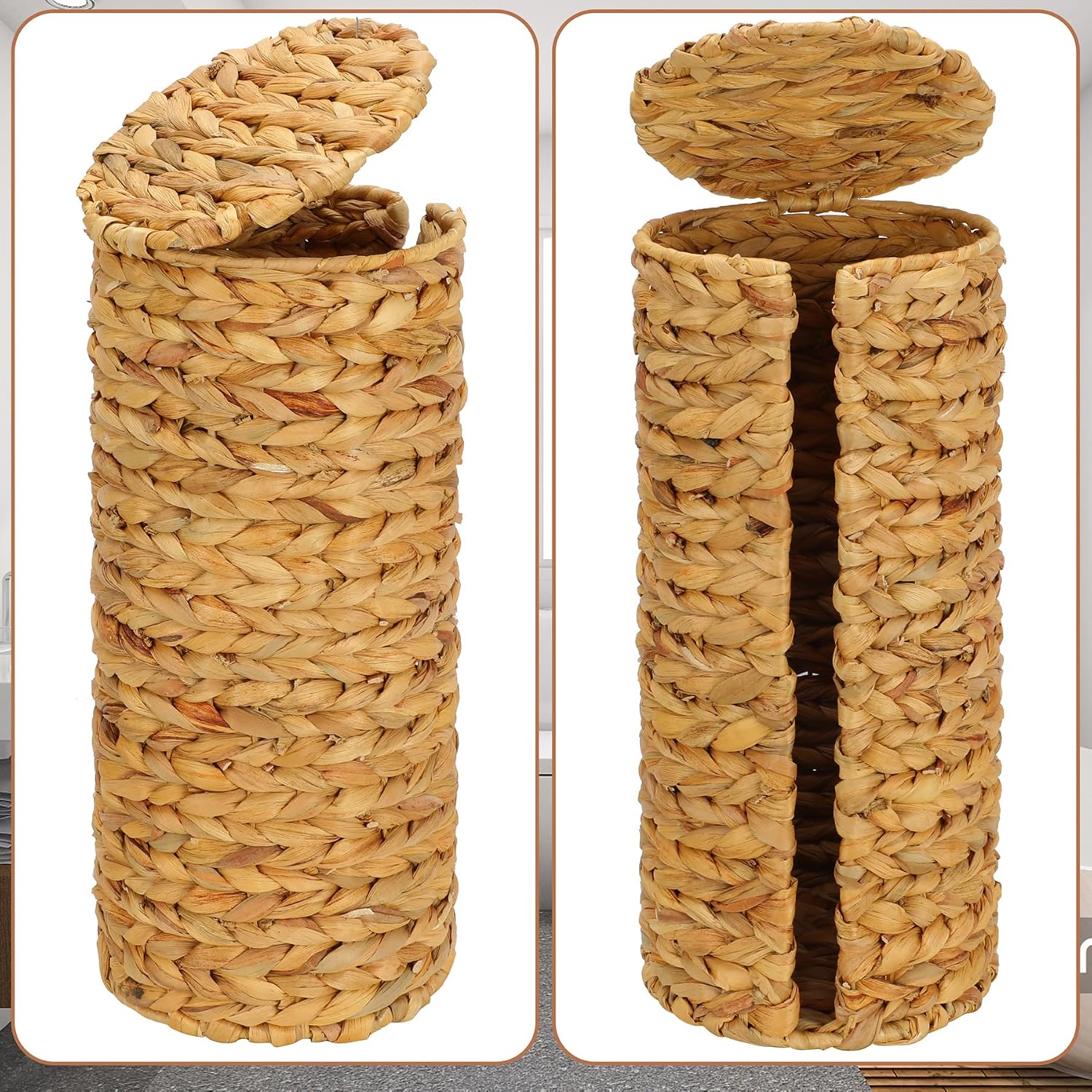 Graciadeco Stand Paper Storage with Lid Spare Extra 3 Rolls of Toilet Tissue Holder Free Standing Water Hyacinth Wciker