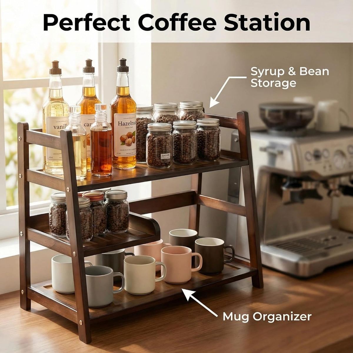 3 Tier Bamboo Matcha Station, coffee station organizer Shelf | for Kitchen Countertop, Tea Bar - Matcha Powder, Tools &
