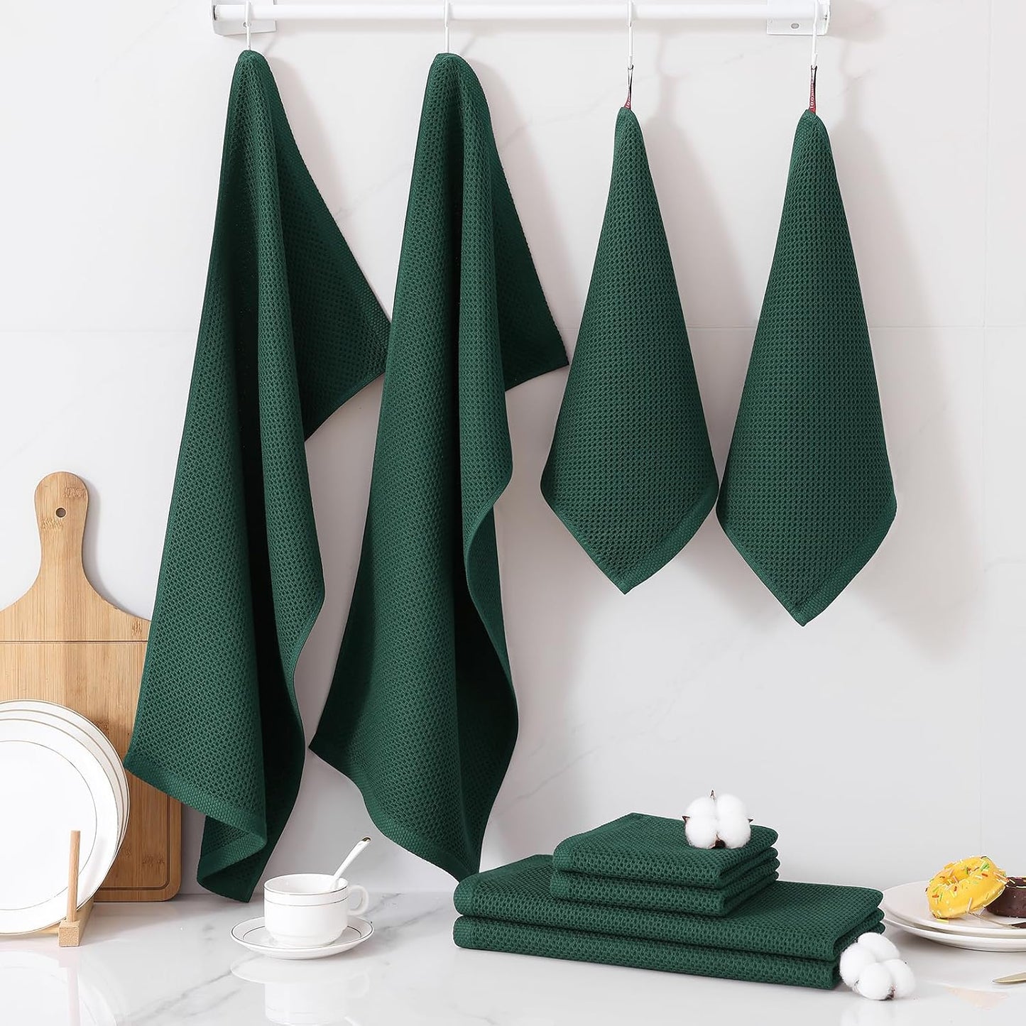Homaxy 10 Pack 100% Cotton Kitchen Towels and Dishcloths Set,Blackish Green | 12 x 12 Inches and 13 x 28 Inches Kitchen