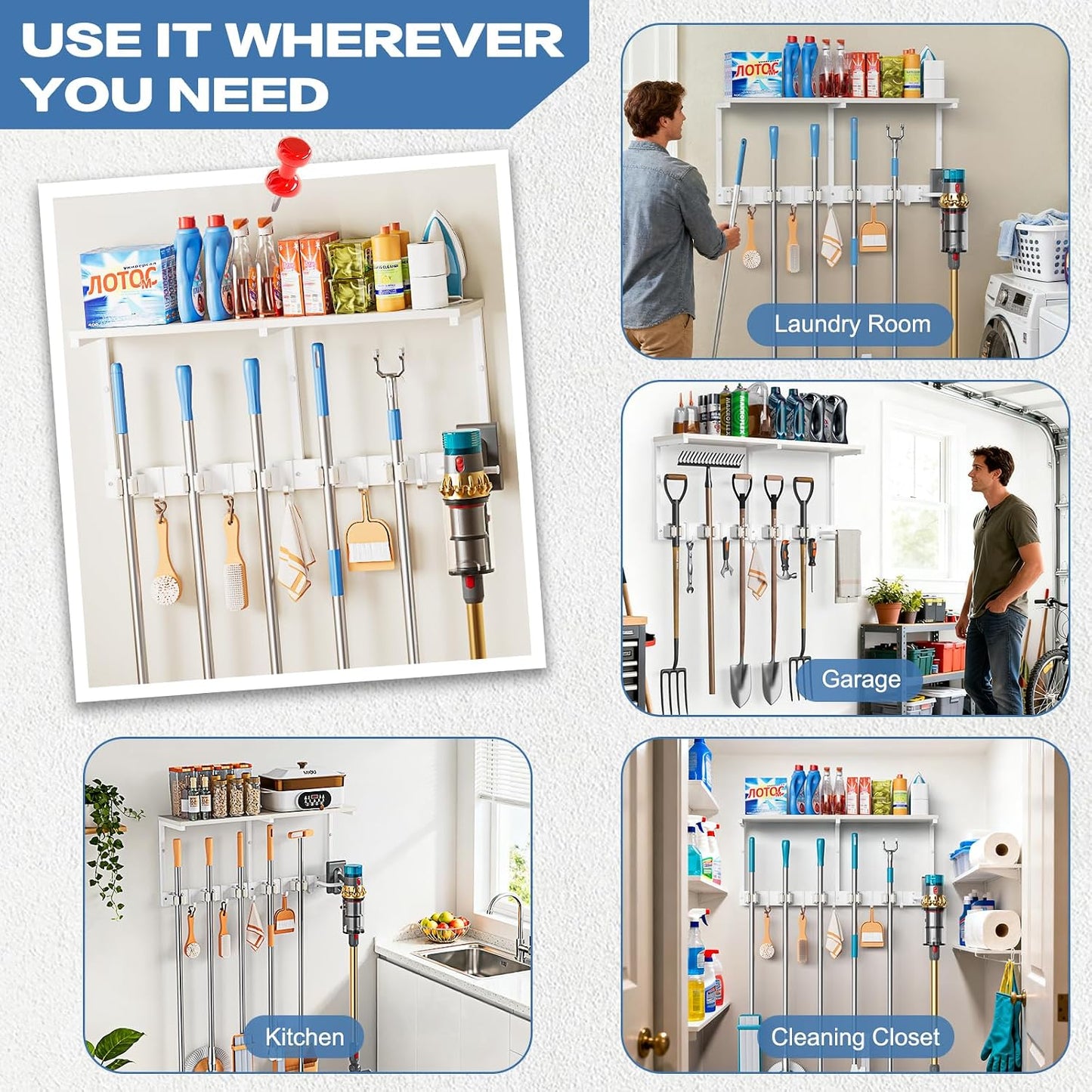 Broom Holder Wall Mount with Cleaning Supplies Organizer, Laundry Room Organization and Storage Shelf with Mop Hanger